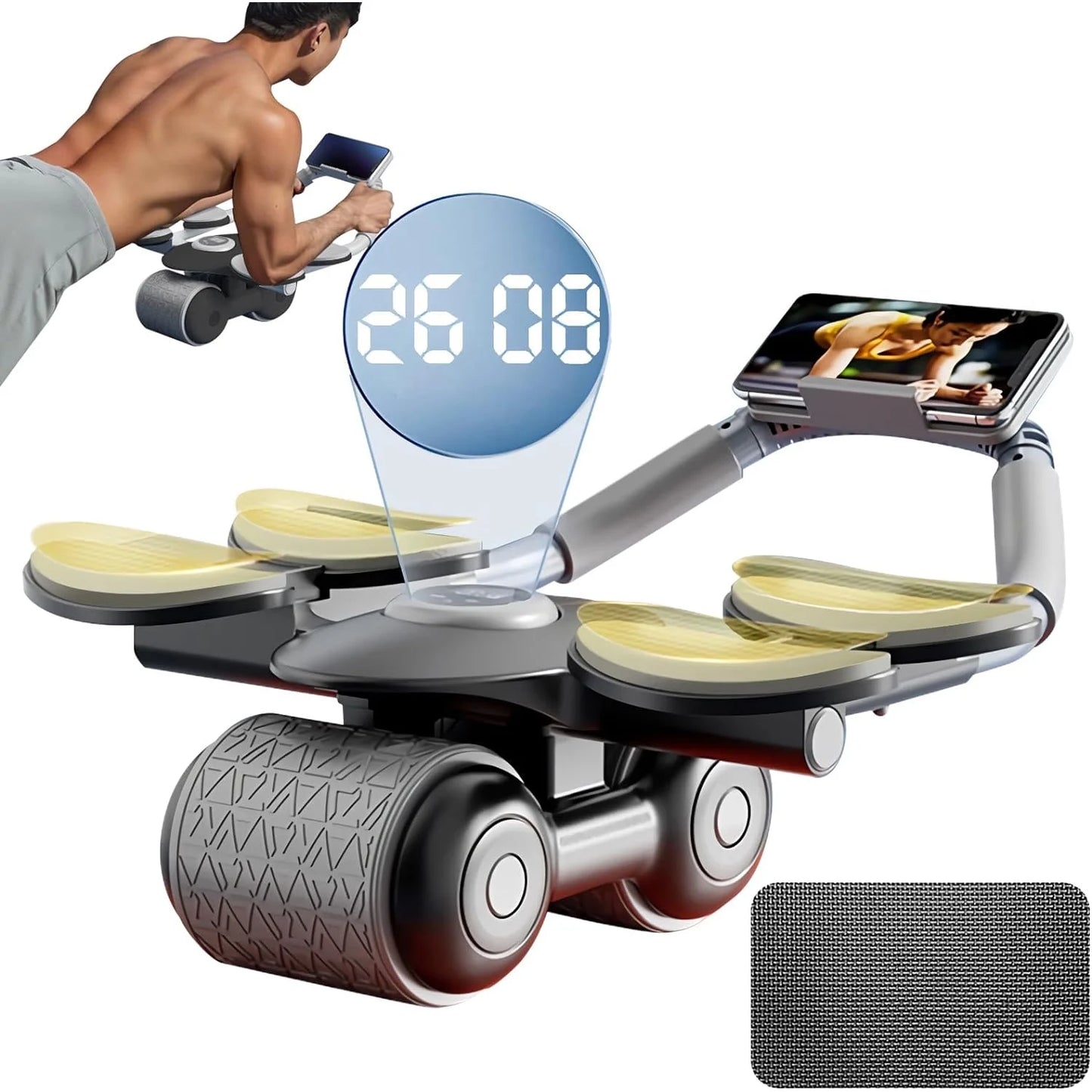 New with Timer Ab Abdominal Exercise Roller with 4 Elbow Supports, Abs Roller Wheel Core Exercise Equipment, Automatic Rebound Abdominal Wheel